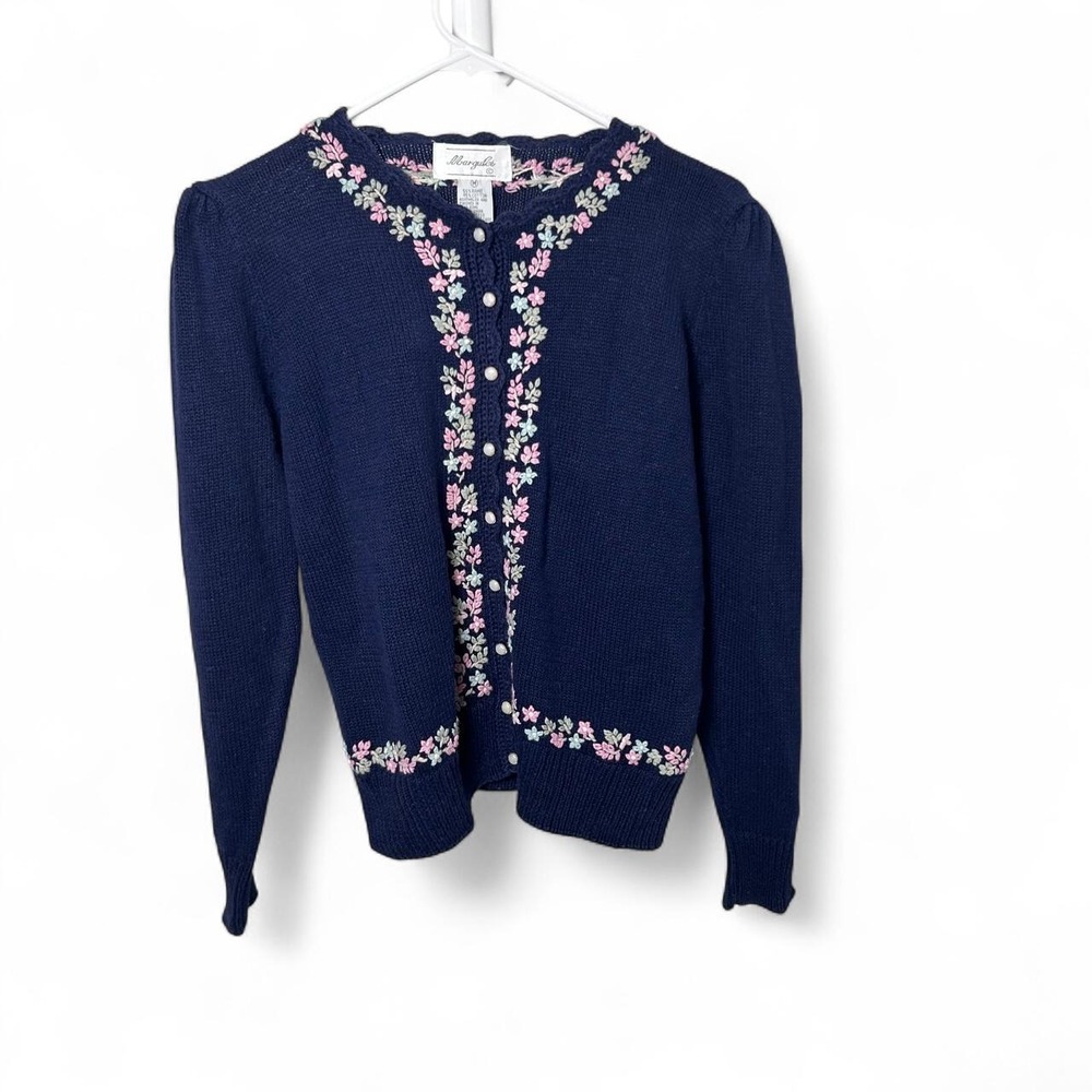 Navy blue Margules cardigan sweater with pink and white floral embroidery